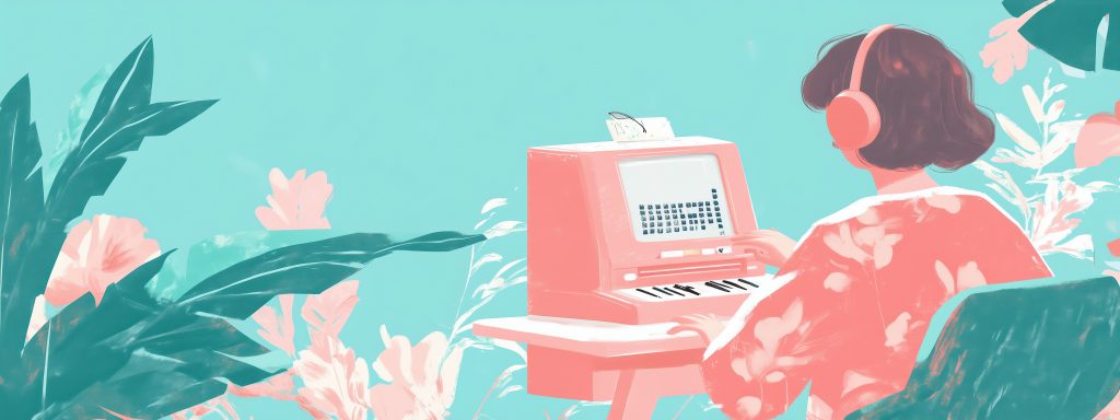A visually impaired employee using vintage computer in vibrant workspace surrounded by plants and flowers, showcasing creativity and focus