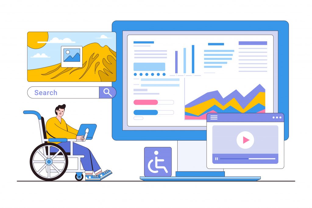Illustration showing a person in a wheelchair in front of many different types of computer screens.