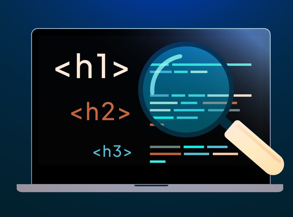 Graphic image showing a magnifying glass over a computer screen with H1, H2 and H3 headers displayed prominently.