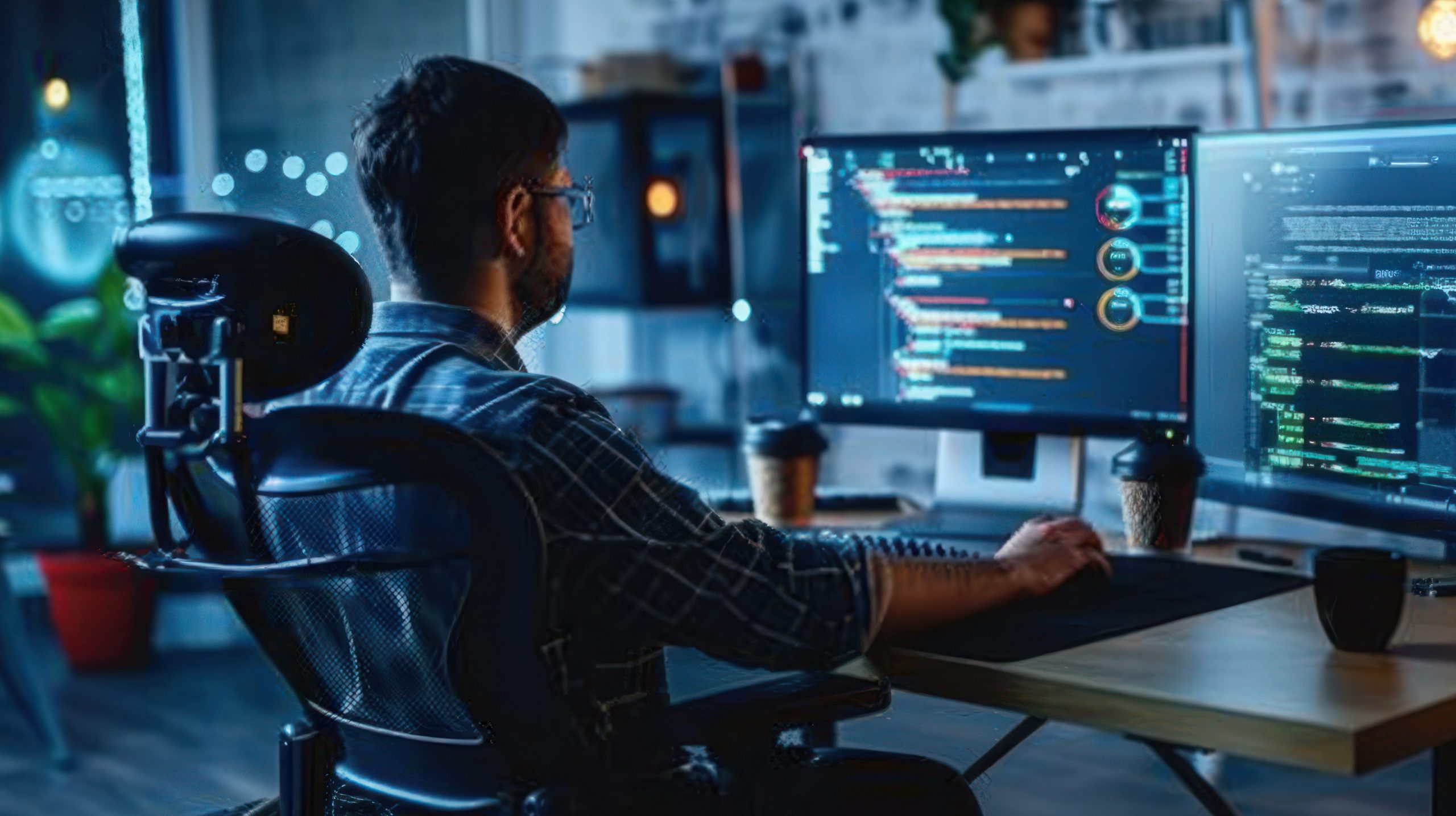 A view from behind of a man in a wheelchair looking at several computer screens.
