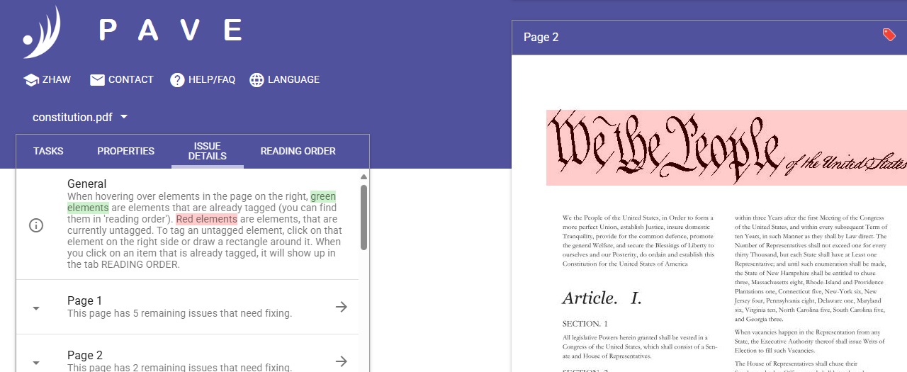 Screenshot of the PAVE software showing an area of PDF text highlighted on the right with explanations on the left.