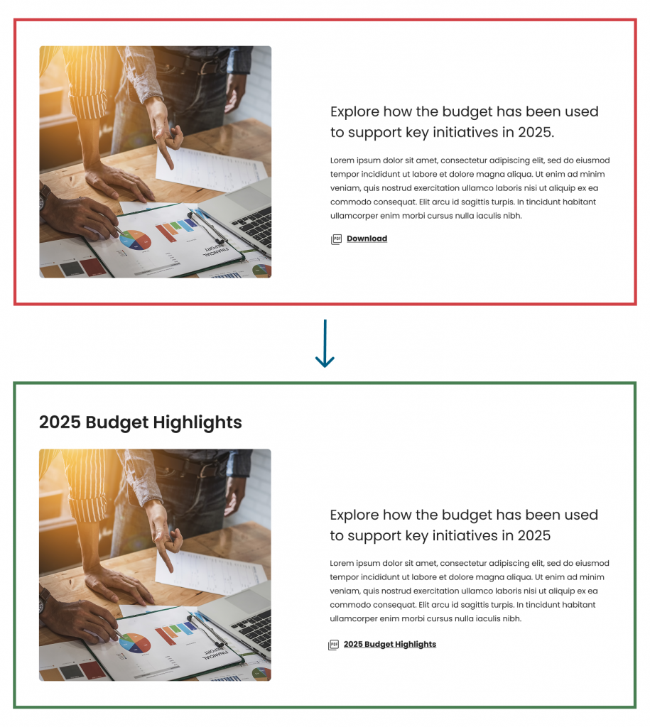 A before and after comparison of PDF link titles. The first link title is "Download" and the second, improved link title is "2025 Budget Highlights".