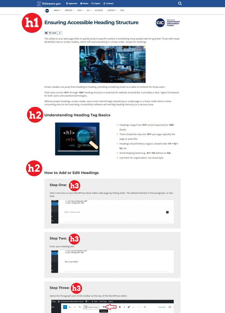 A screenshot of this web page, with red dots indicating the heading levels. There is an H1 next to the page title Ensuring Accessible Heading Structure. There are H2 markers next to the subtitles Understanding Heading Tag Basics and How to Add or Edit Heading. There are H3 markers by the subtitles Step One and Step Two.