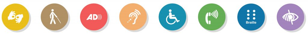 A series of colorful icons, each representing a different type of accessibility need.