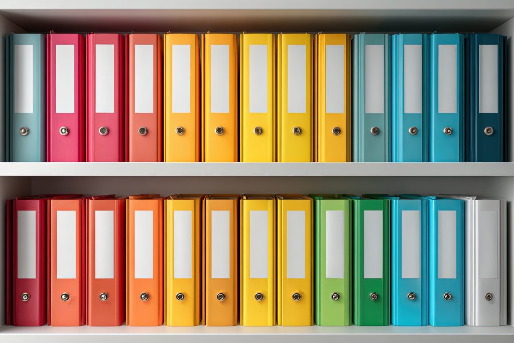 Rows of colorful file folders on shelves.