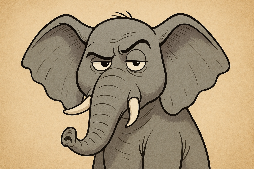 A cartoon of an elephant, looking at the viewer with a raised eyebrow and a skeptical expression.