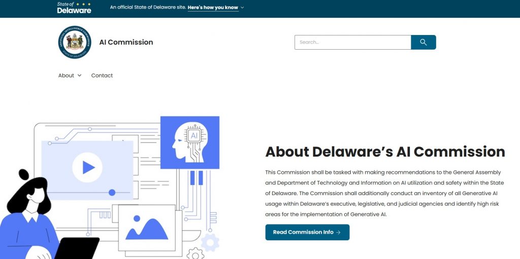 A screenshot of the homepage of the Delaware Artificial Intelligence Commission.