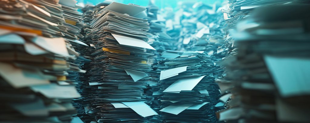 Huge piles of paperwork are stacked in an office representing inefficiency and disorganization