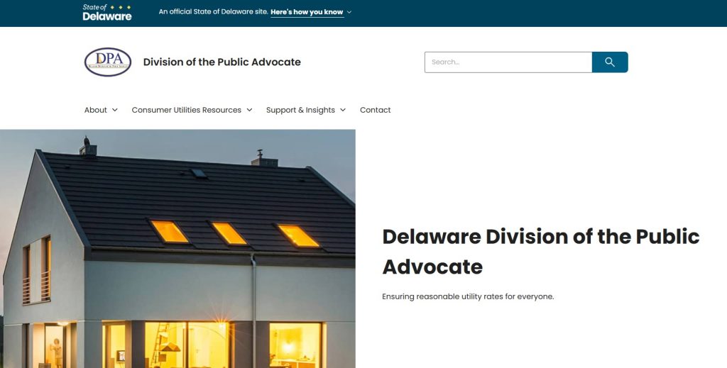 A screenshot of the homepage of the Delaware Division of the Public Advocate.