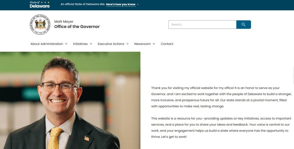 A screenshot of the homepage of the Governor of Delaware's official website.
