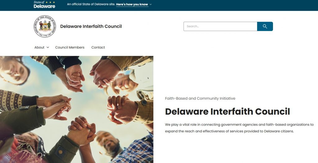 A screenshot of the homepage of the Delaware Interfaith Council.