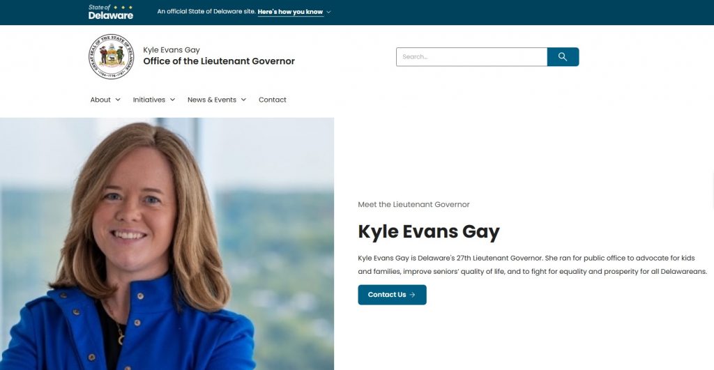 A screenshot of the homepage of the Lieutenant Governor of Delaware's official website.