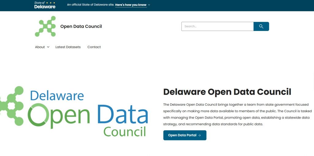 A screenshot of the homepage of the Delaware Open Data Council website.