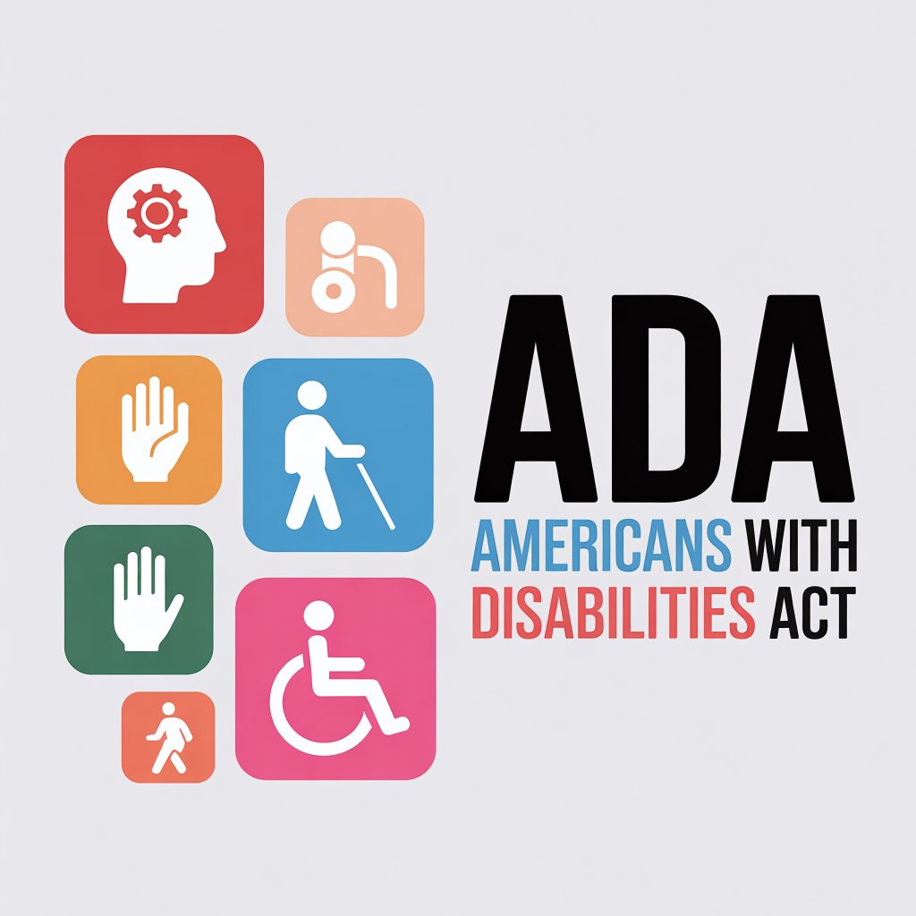 Illustration with the words ADA Americans with Disabilities Act with several colorful icons representing different types of accessibility