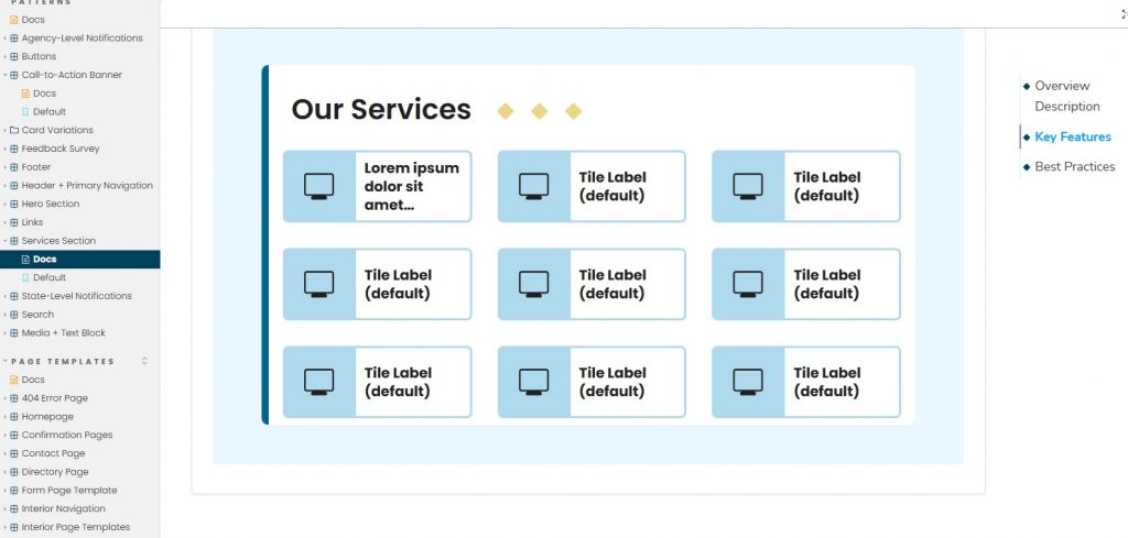 Screenshot of Storybook showing the Service Tile component.