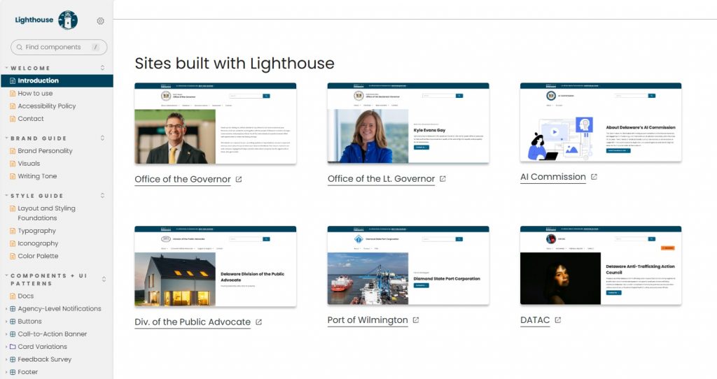 Storybook screenshot, showing thumbnail examples of several new Lighthouse websites.