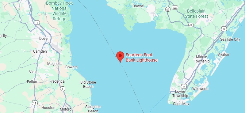 A map showing the Delaware Bay with a red pin in the very center indicating the remoteness of the Fourteen Foot Bank Lighthouse