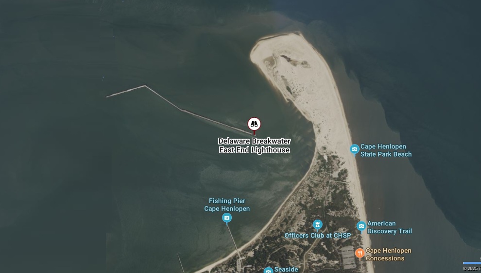 Map showing Cape Henlopen and the Delaware Breakwater East End Lighthouse