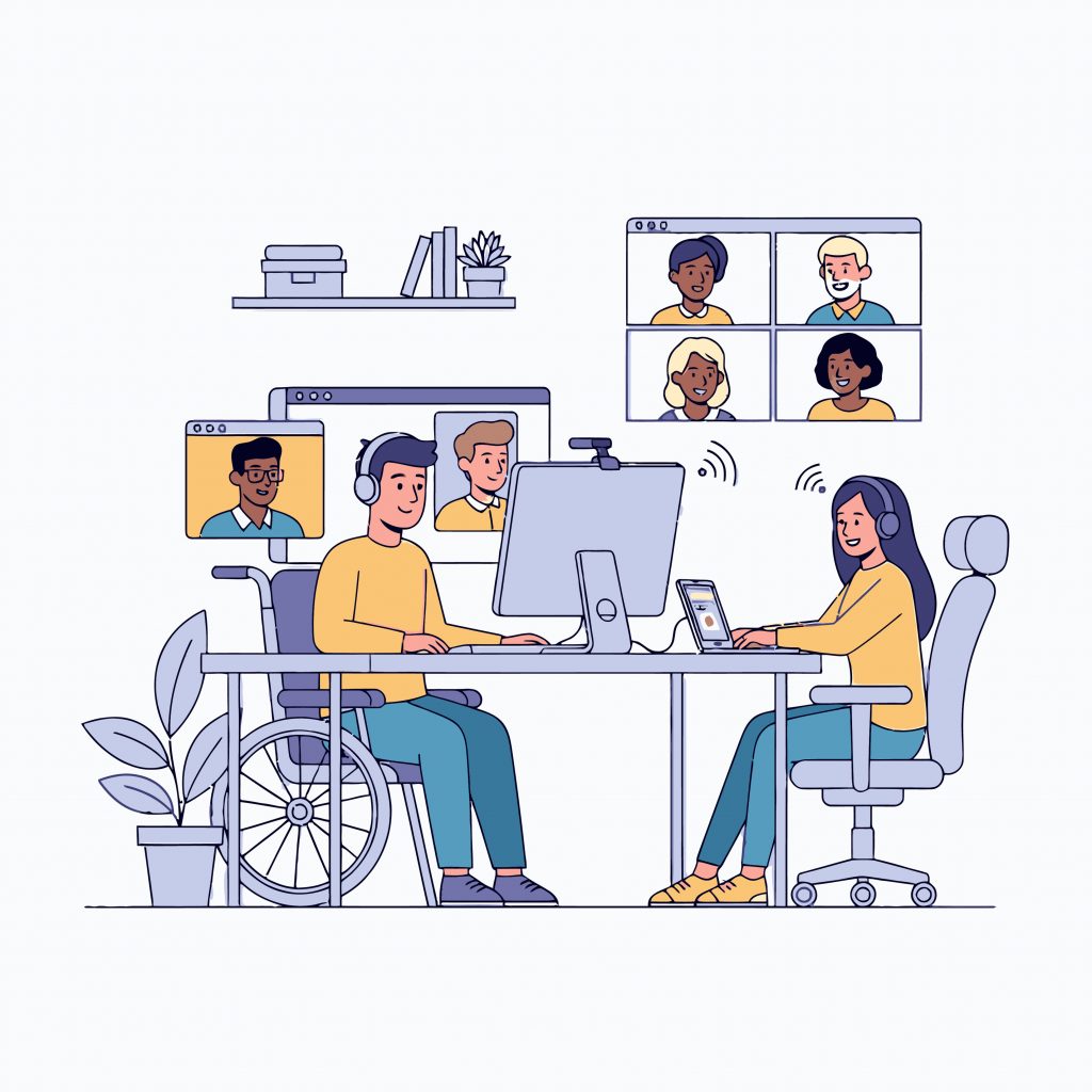 Cartoon showing an inclusive workplace with someone in a wheelchair on a video call with colleagues.