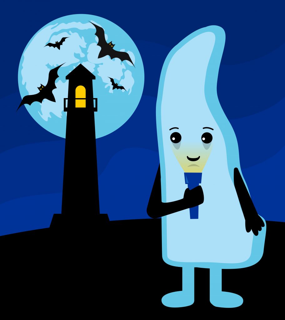 Delly, the Delaware-shaped cartoon character is holding a flashlight under his face and telling ghost stories in front of a Lighthouse.
