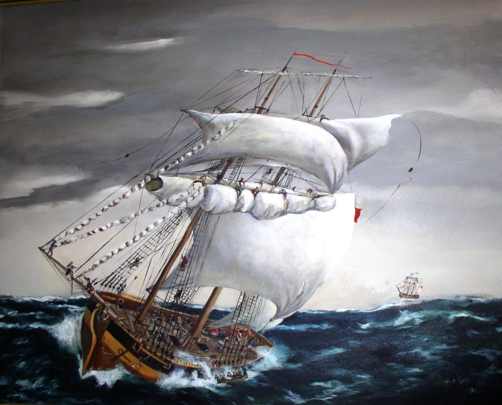 A painting depicting an old ship with sails tipping over in a tumultuous sea.