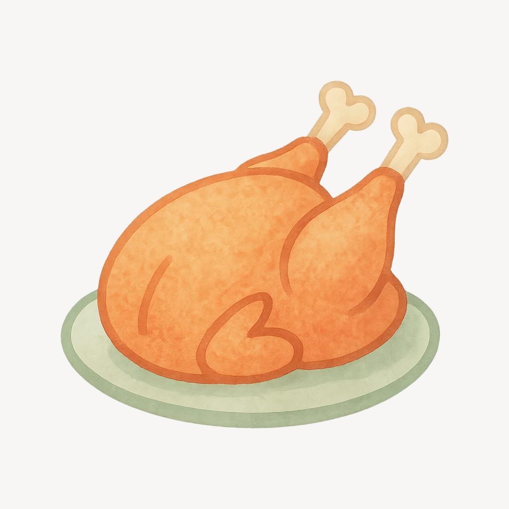 A decorative illustration of a cooked turkey on a plate.