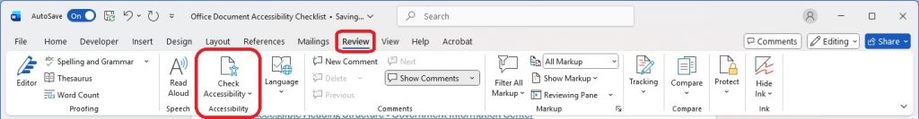 Screenshot showing Microsoft Word and the top toolbar, with the Check Accessibility tab selected.