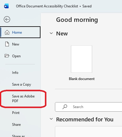 Screenshot of the left menu bar of MS word with the Save as Adobe PDF option highlighted.