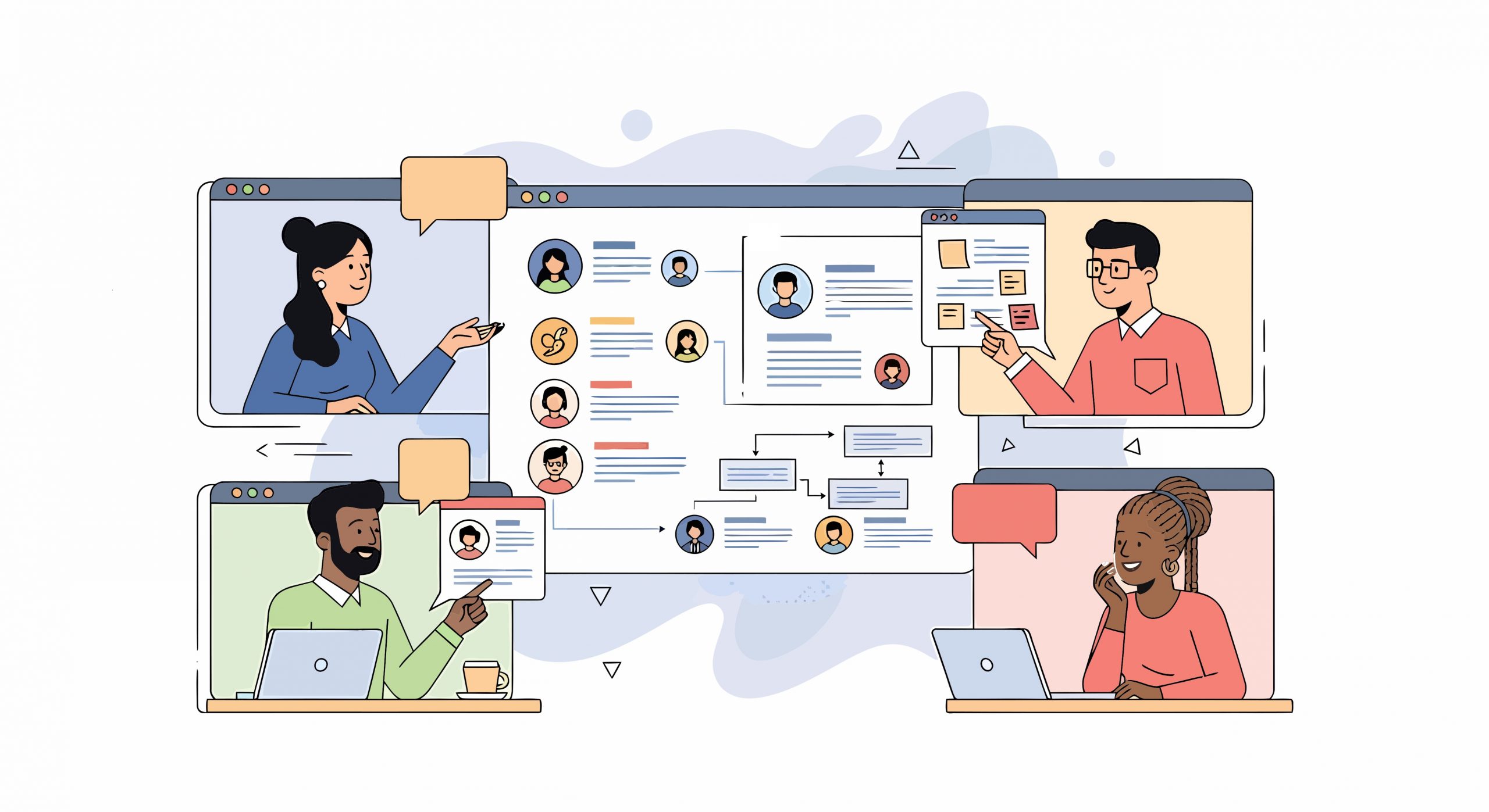 Cartoon illustration of an online training seminar underway.