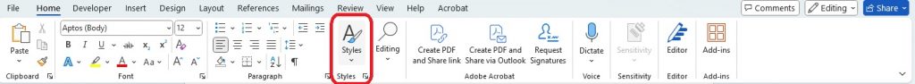 Screenshot of MS Word toolbar with the Styles tab selected.