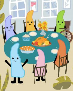 Cartoon of Delaware-shaped character "Delly" at a Thanksgiving table with many other similar characters in different colors. One of them is using a wheelchair.