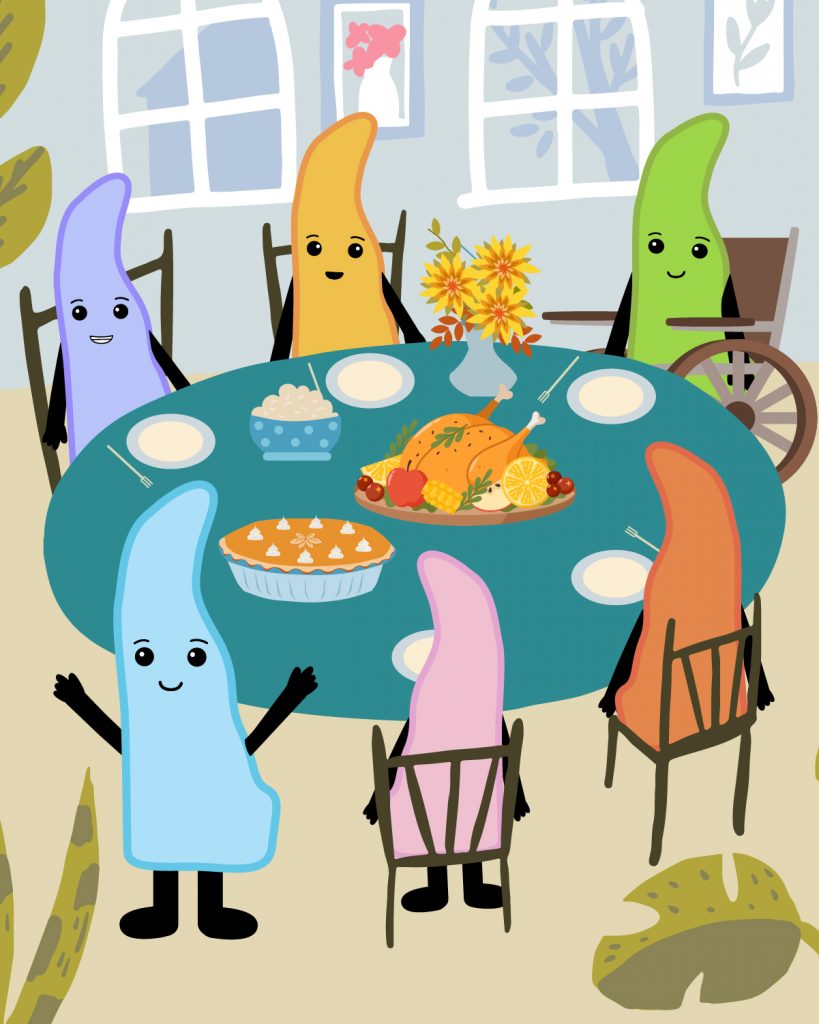 Cartoon of Delaware-shaped character "Delly" at a Thanksgiving table with many other similar characters in different colors. One of them is using a wheelchair.