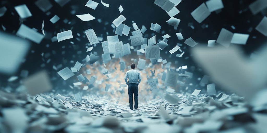 Representational image of lone person standing in a swirling mass of papers.