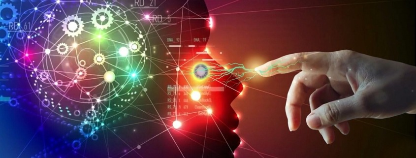 Representative image showing a hand touching a face with images representing the transfer of knowledge.