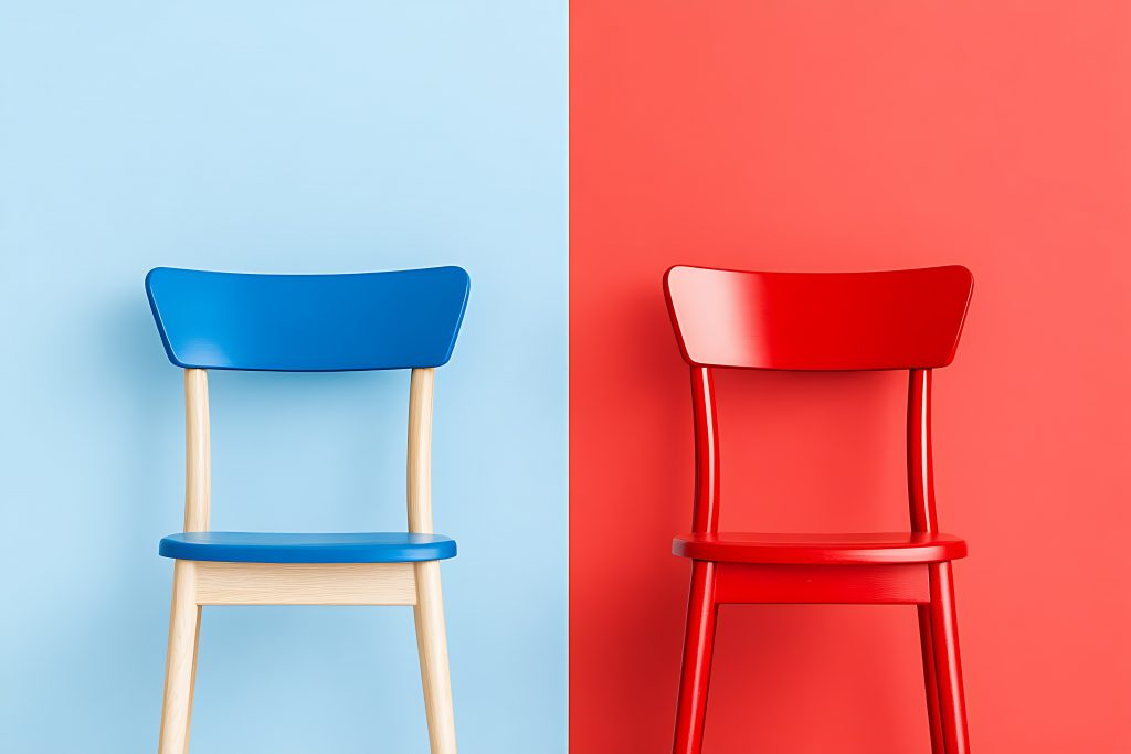 A comparison of two chairs, one blue with different shades that represent a clear contrast, and one red against a red background displaying a poor contrast.