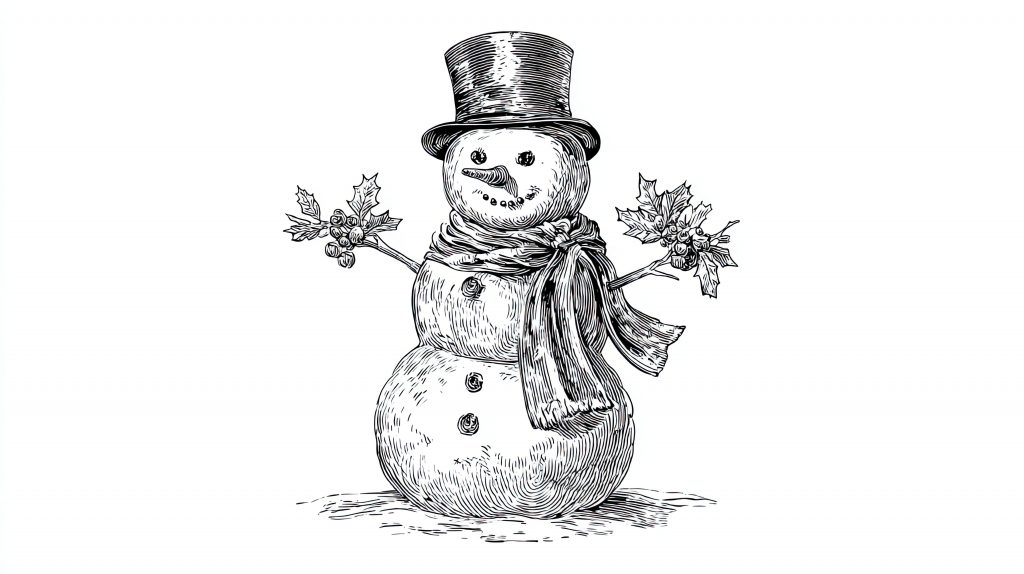 Festive snowman engraving sketch.