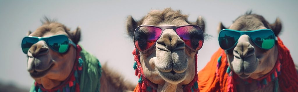 Camels wearing costumes and sunglasses in the desert.