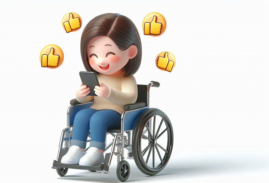 Cartoon of a girl in a wheelchair with thumbs-up icons around her.