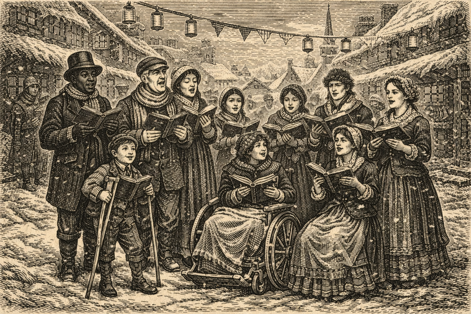 A diverse group of carolers singing together in an engraving style illustration.