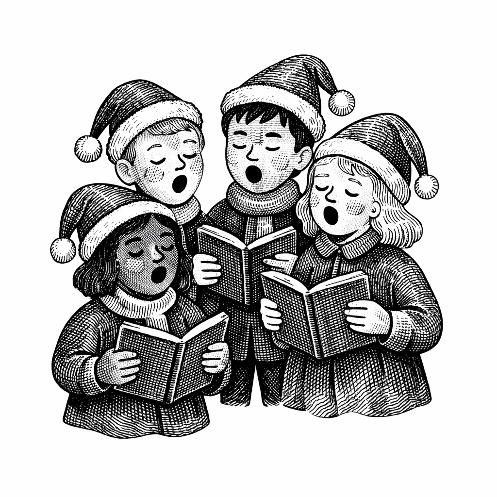 Engraving style illustration of a group of kids singing.
