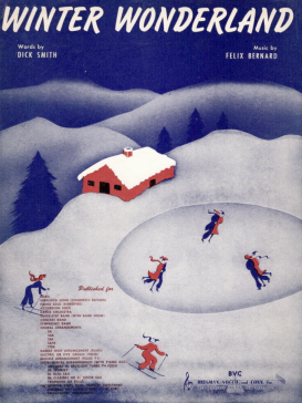 Old sheet music cover for the song Winter Wonderland featuring a winter scene with people ice skating.