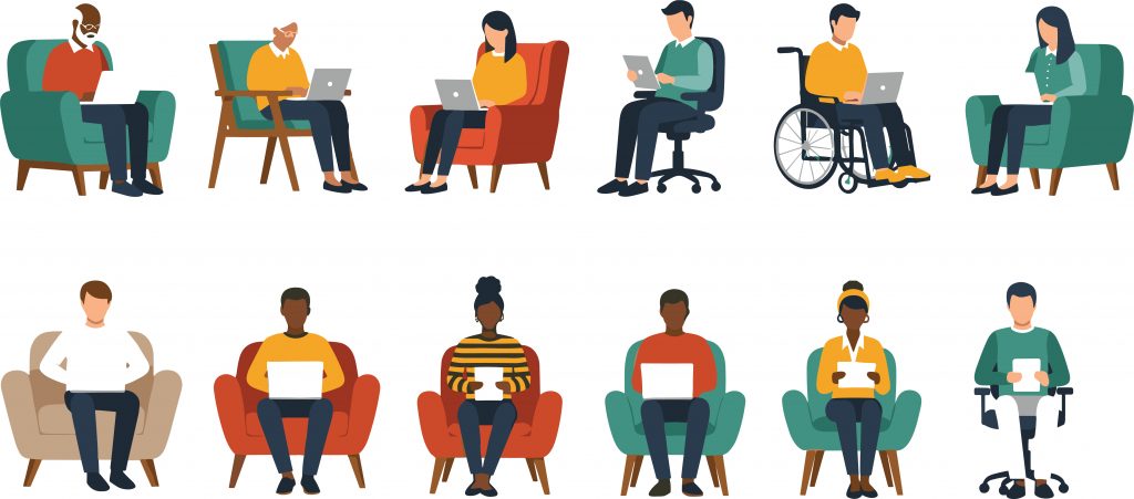 Diverse cartoon people using laptops and tablets in chairs