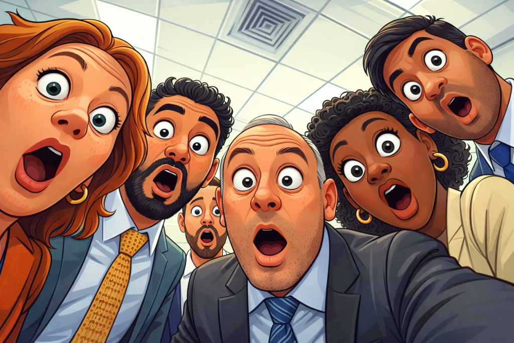 Cartoon of a group of people in an office looking shocked and surprised.