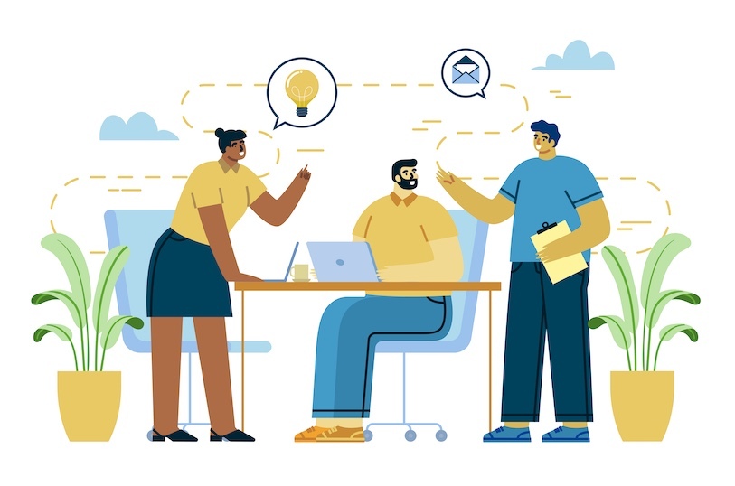 Three illustrative figures collaborating together in a work setting.