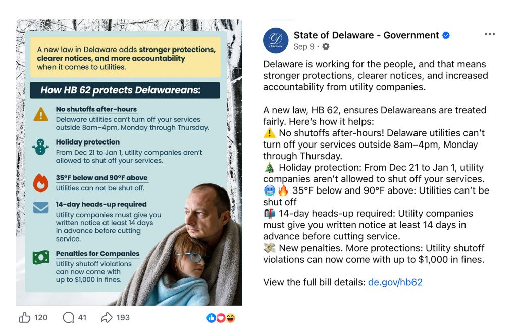 A screenshot of a social media post with information about a new state bill.