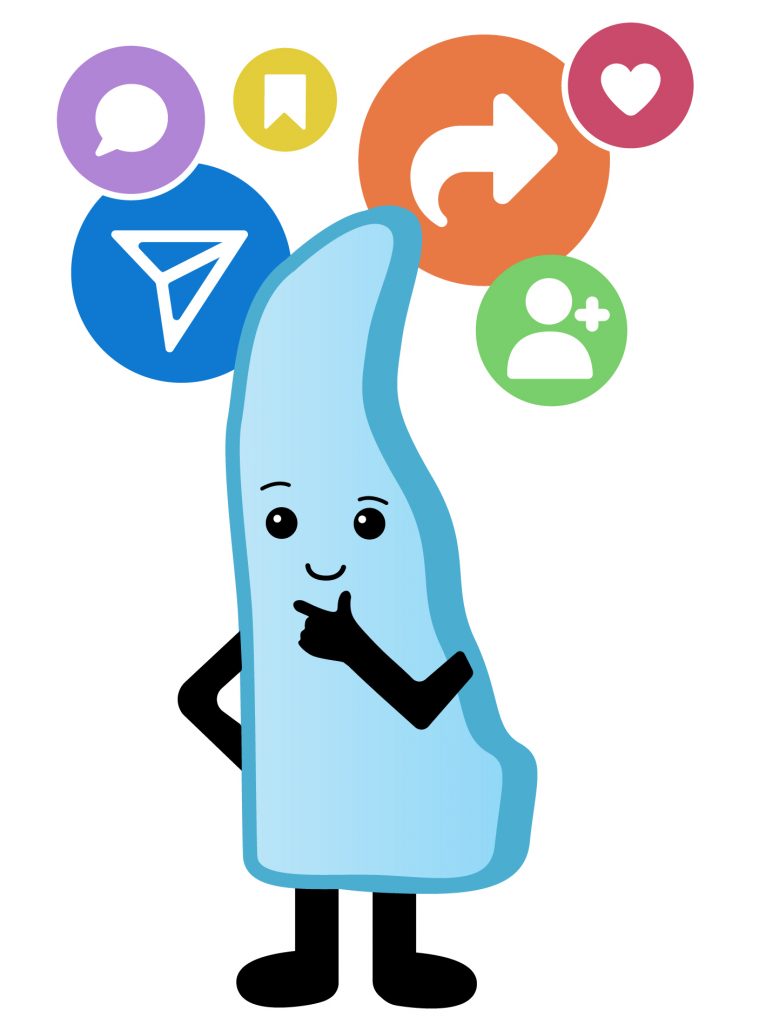 Cartoon character Delly considering options with social media icons around him.