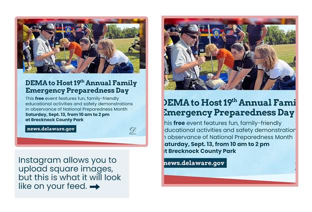 A graphic showing a square Instagram post on the left, with the same image with the left and right edges cropped off. The text reads: Instagram allows you to upload square images, but this is what it will look like on your feed.