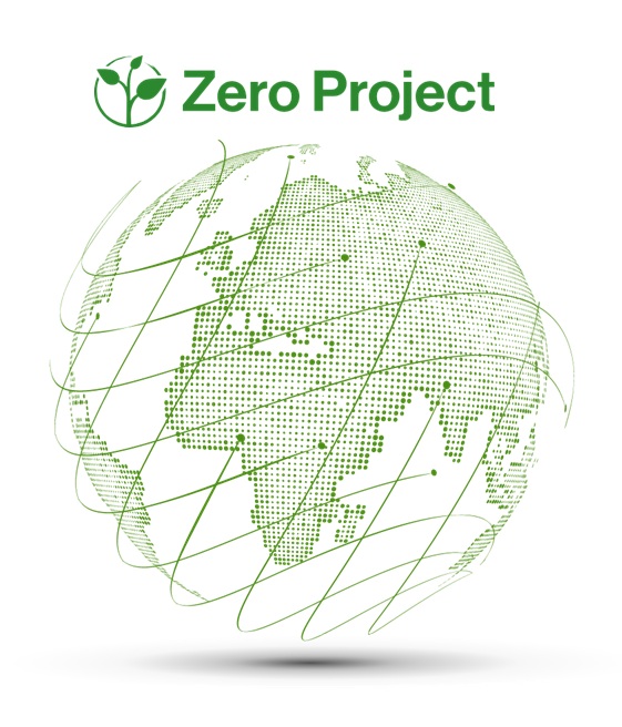 Logo for the Zero Project featuring a digital image of the globe