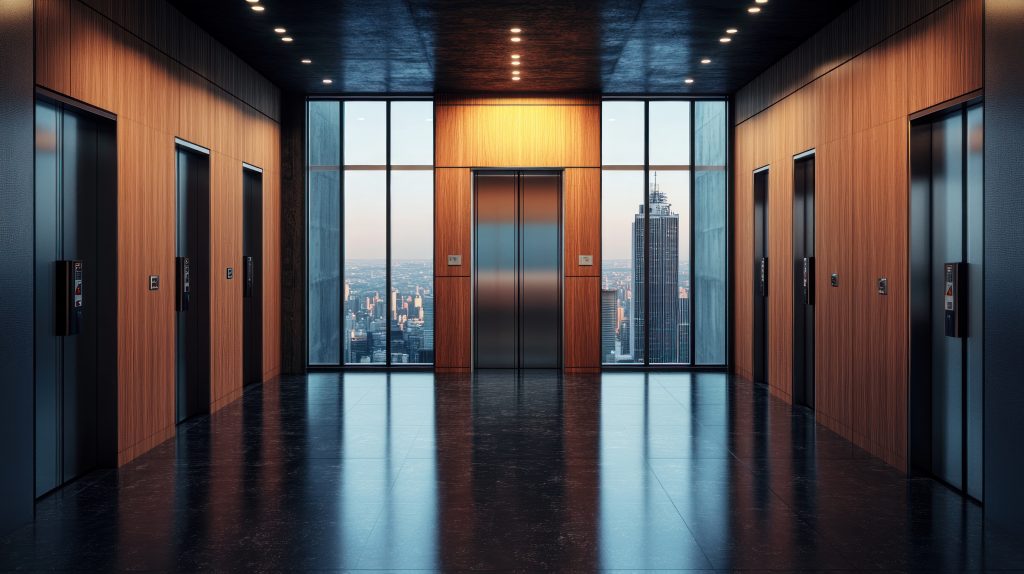 Skyscraper lobby with the city skyline in the background.