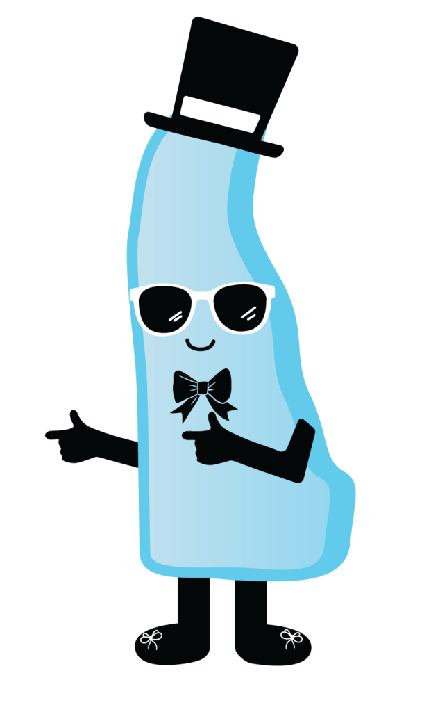 Cartoon character "Delly" wearing sunglasses, a top hat and a tie.